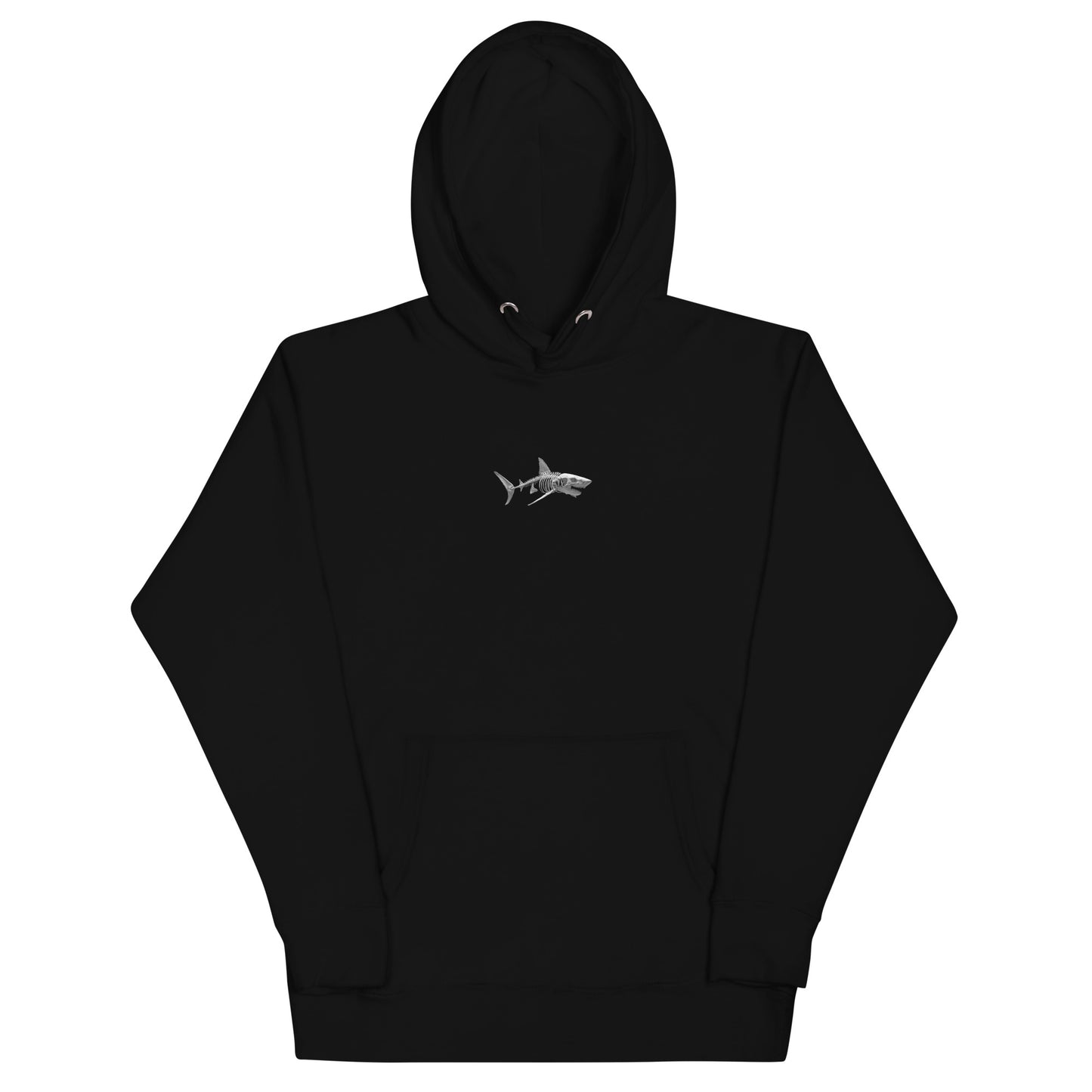 Pull noir unisexe requin squelette vue de face sur fond blanc, streetwear Shark Republic.