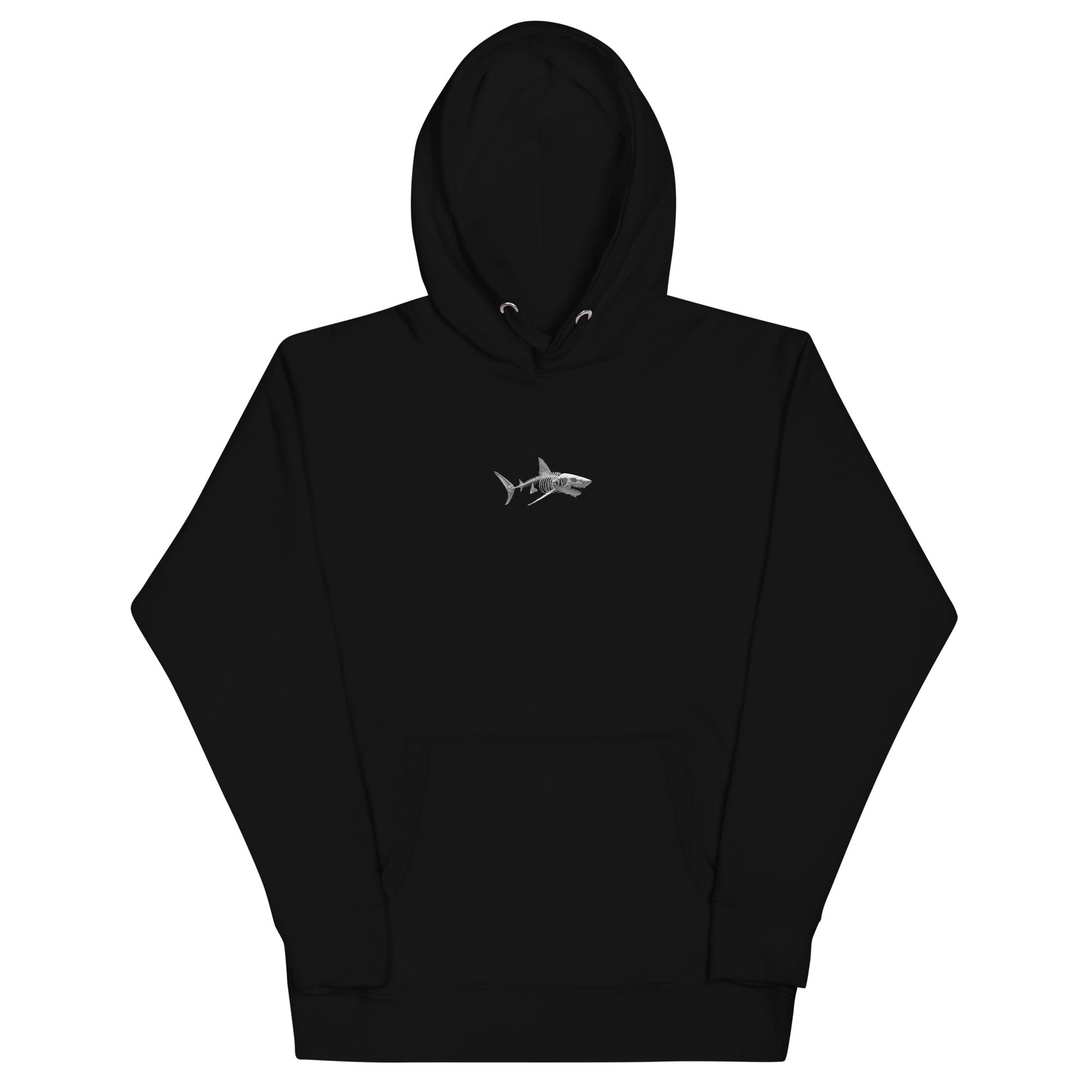 Pull noir unisexe requin squelette vue de face sur fond blanc, streetwear Shark Republic.