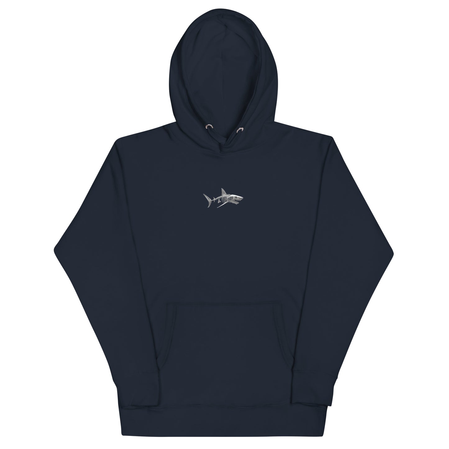 Pull bleu unisexe requin squelette vue de face sur fond blanc, streetwear Shark Republic.