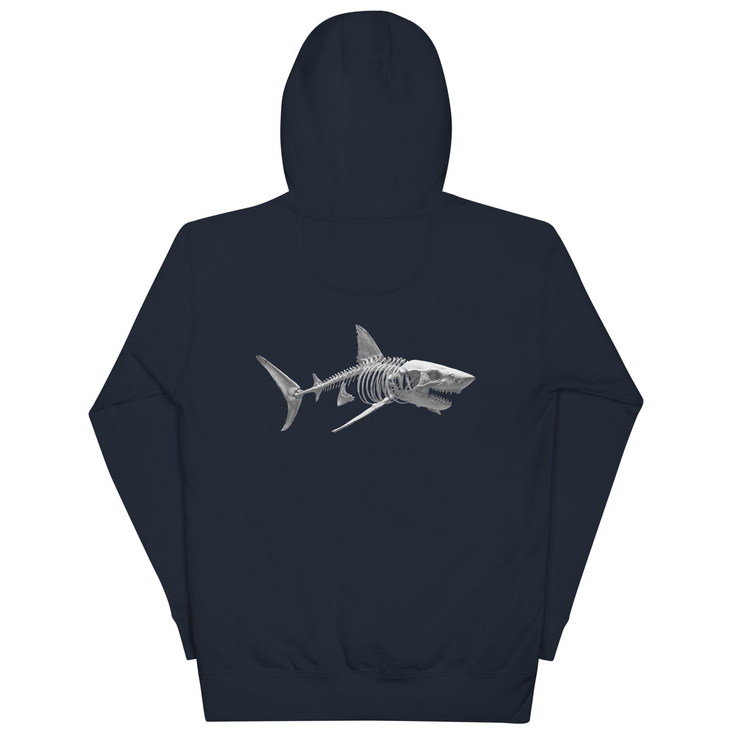Pull bleu unisexe requin squelette vue de face sur fond blanc, streetwear Shark Republic.