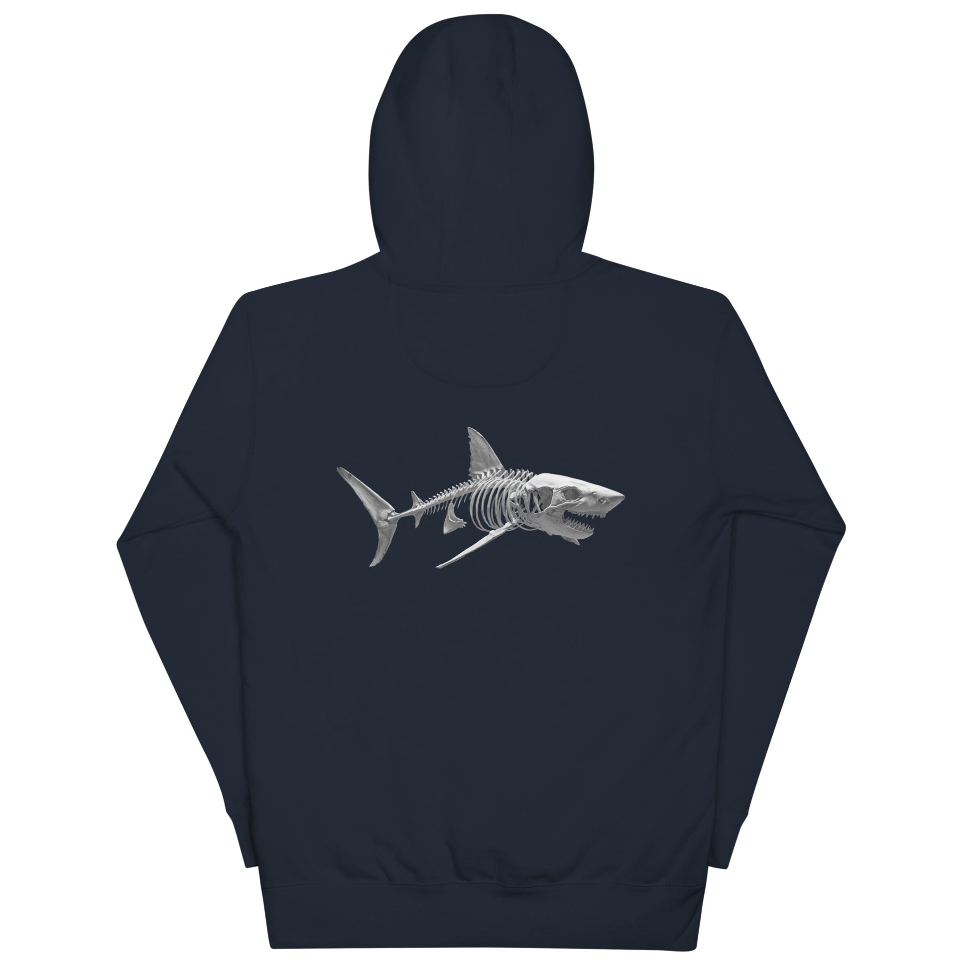 Pull bleu unisexe requin squelette vue de face sur fond blanc, streetwear Shark Republic.