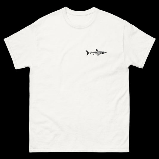 T-shirt blanc unisexe requin squelette vue de face sur fond noir, streetwear Shark Republic.