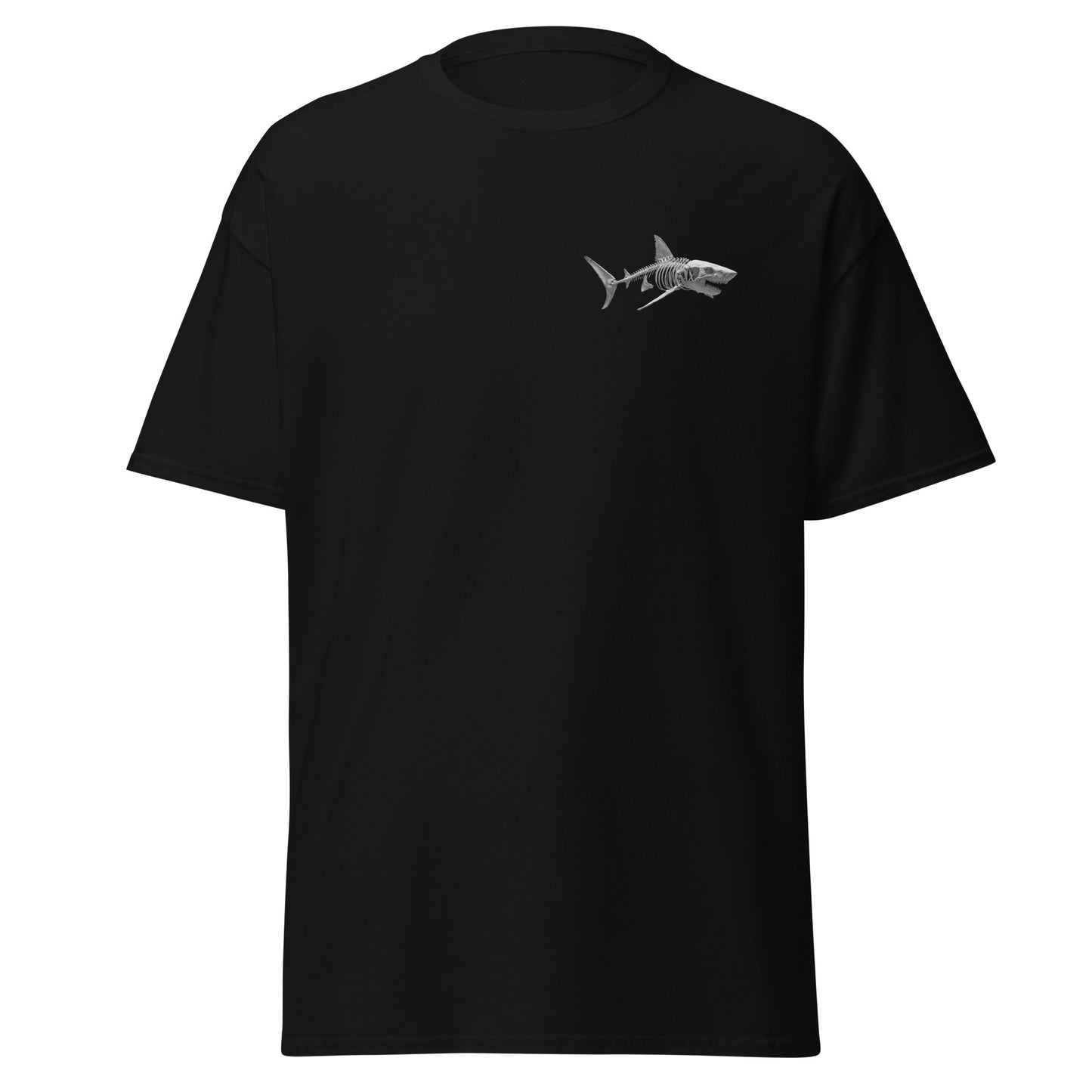T-shirt noir unisexe requin squelette vue de face sur fond blanc, streetwear Shark Republic.