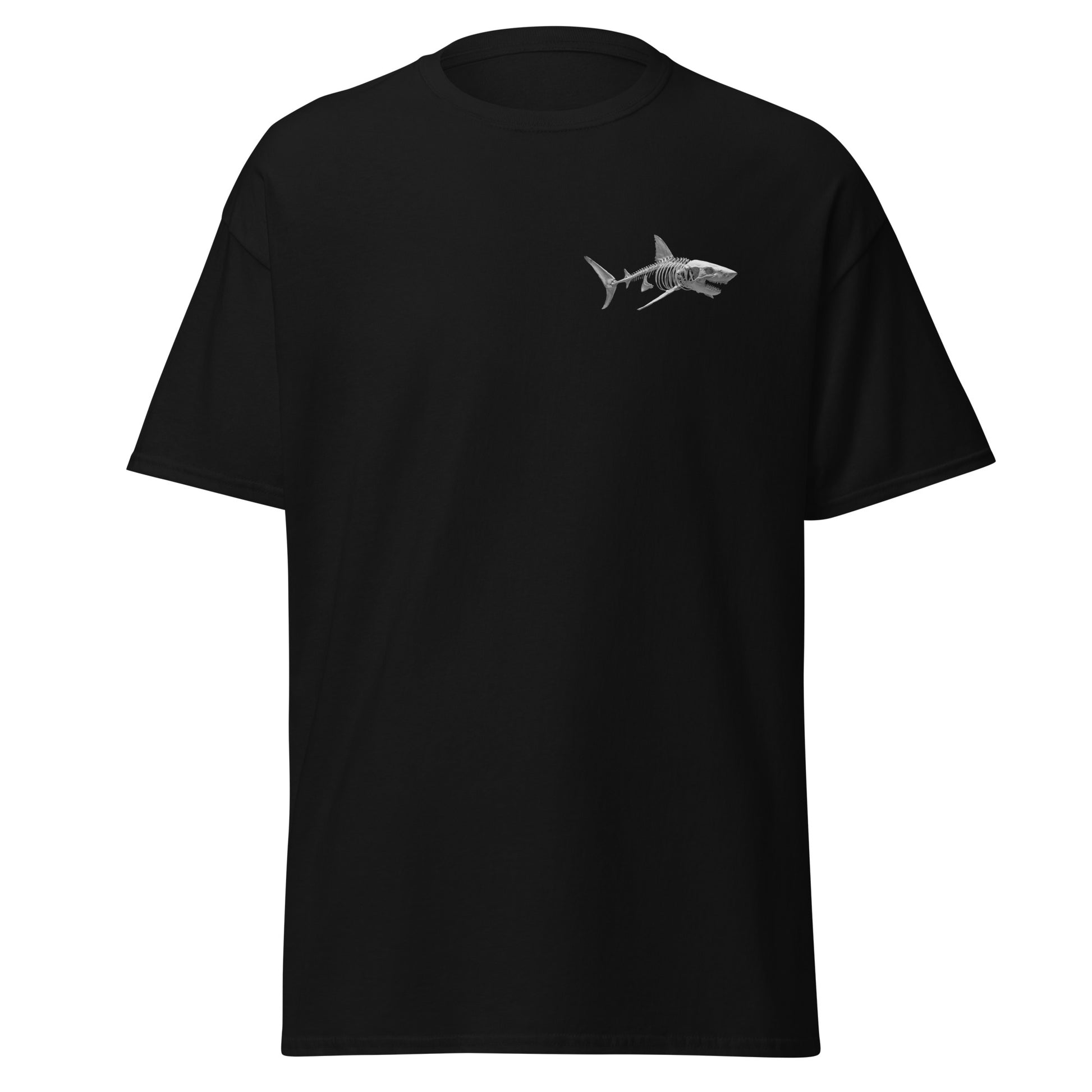 T-shirt noir unisexe requin squelette vue de face sur fond blanc, streetwear Shark Republic.