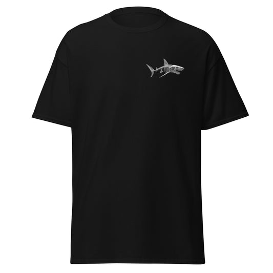 T-shirt noir unisexe requin squelette vue de face sur fond blanc, streetwear Shark Republic.